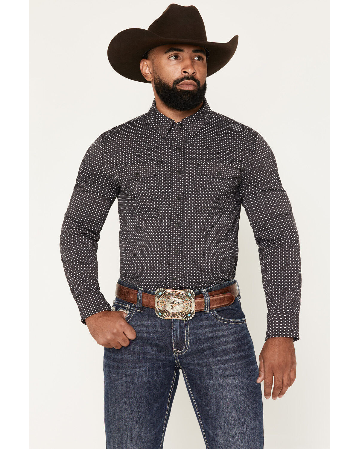 Image #1 - Rock & Roll Denim Men's TEK Geo Print Long Sleeve Snap Western Shirt, Black, hi-res