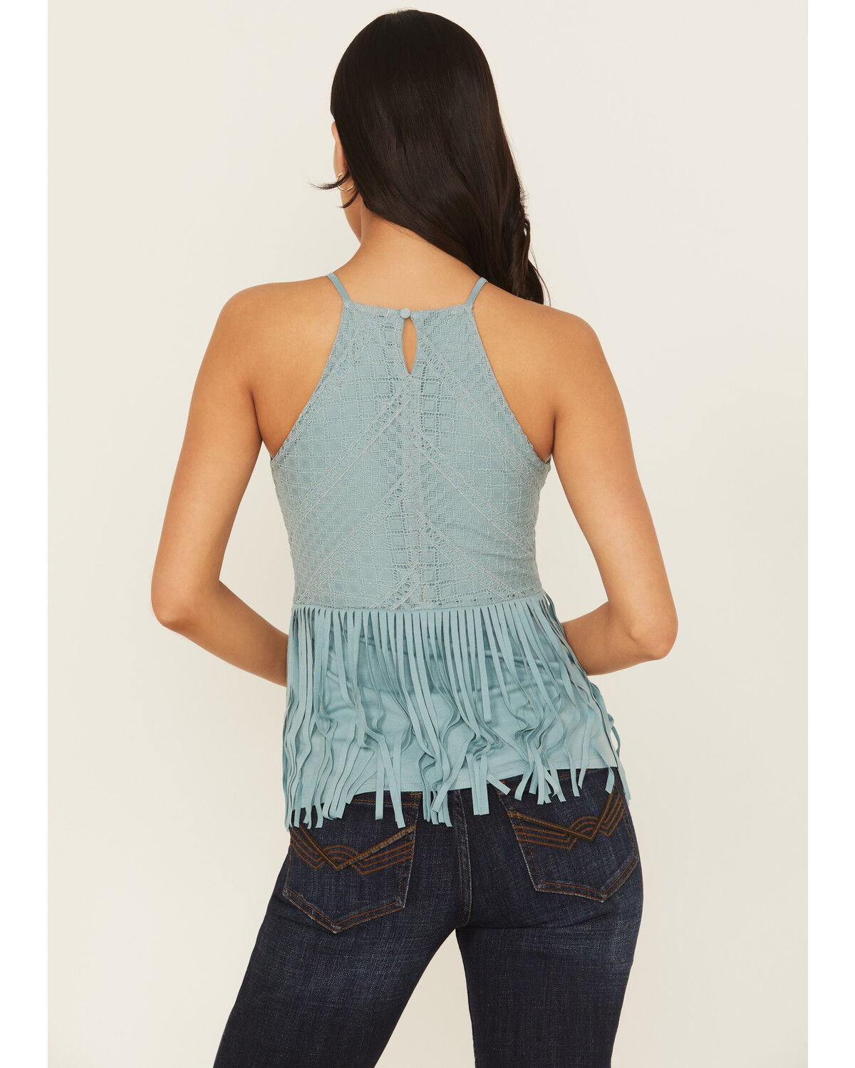 Image #4 - Shyanne Women's Stretch Lace Halter Fringe Tank, Aqua, hi-res